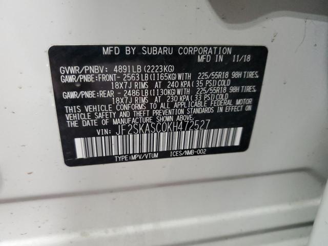 JF2SKASC0KH472527 - 2019 SUBARU FORESTER LIMITED თეთრი ფოტო 13