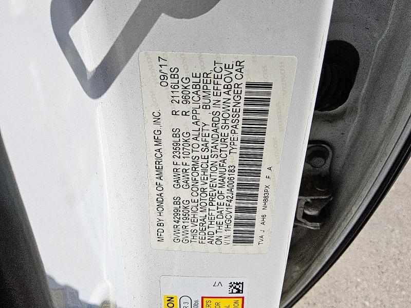 1HGCV1F42JA006183 - 2018 HONDA ACCORD EX WHITE photo 12