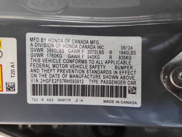 2HGFE2F57RH593912 - 2024 HONDA CIVIC SPORT ნაცრისფერი ფოტო 12