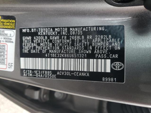 4T1BE32K86U651321 - 2006 TOYOTA CAMRY LE GRAY photo 12