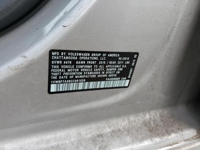 1VWBP7A39CC061529 - 2012 VOLKSWAGEN PASSAT SE GRAY photo 12
