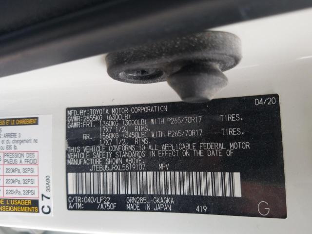 JTEBU5JRXL5819107 - 2020 TOYOTA 4RUNNER SR5/SR5 PREMIUM WHITE photo 10