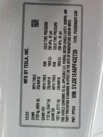 5YJ3E1EA8PF432739 - 2023 TESLA MODEL 3 WHITE photo 12