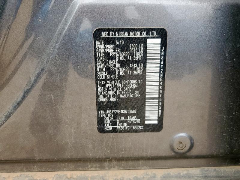 JN8AY2NE4K9759587 - 2019 NISSAN ARMADA PLATINUM GRAY photo 13