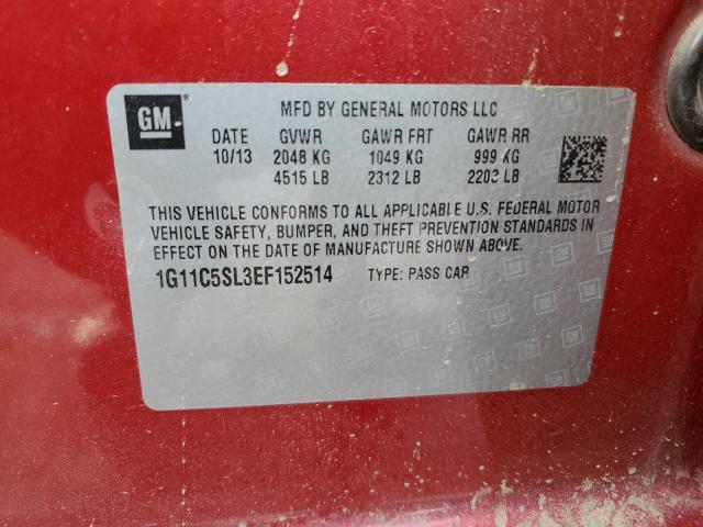 1G11C5SL3EF152514 - 2014 CHEVROLET MALIBU 1LT Қызыл фото 12