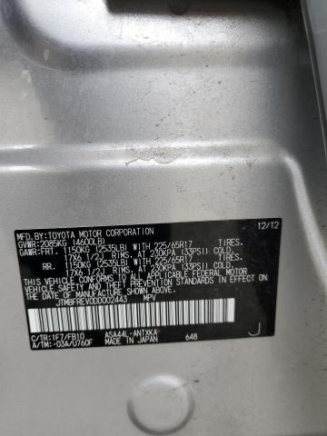 JTMBFREV0DD002443 - 2013 TOYOTA RAV4 LE SILVER photo 13