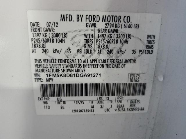 1FM5K8D81DGA91271 - 2013 FORD EXPLORER XLT WHITE photo 13