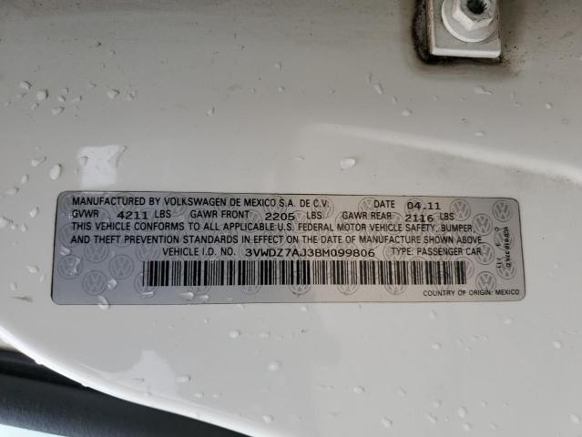 3VWDZ7AJ3BM099806 - 2011 VOLKSWAGEN JETTA SE 白色 照片 13