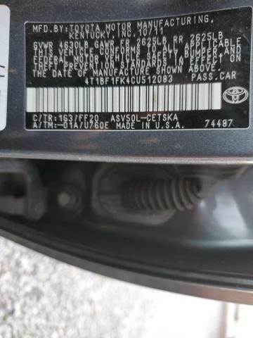 4T1BF1FK4CU512083 - 2012 TOYOTA CAMRY BASE GRAY photo 12