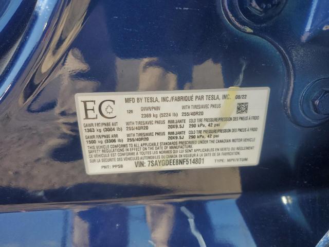 7SAYGDEE8NF514801 - 2022 TESLA MODEL Y 蓝色 照片 12