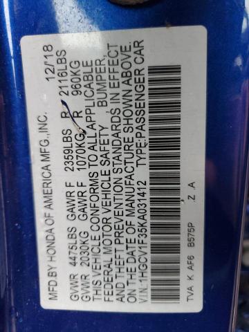 1HGCV1F35KA031412 - 2019 HONDA ACCORD SPORT ლურჯი ფოტო 12