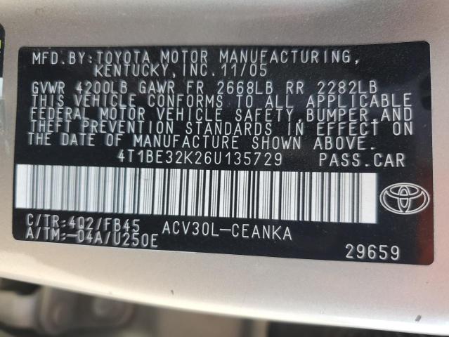 4T1BE32K26U135729 - 2006 TOYOTA CAMRY LE 棕色 照片 12