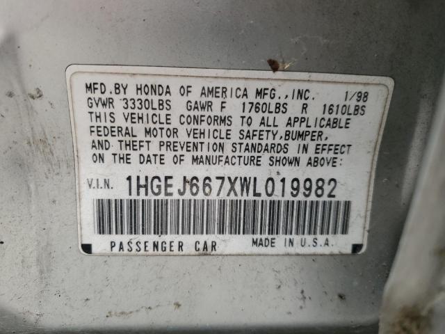 1HGEJ667XWL019982 - 1998 HONDA CIVIC LX 银色 照片 12