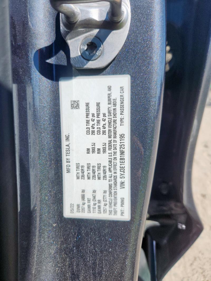 5YJ3E1EB1NF251195 - 2022 TESLA MODEL 3 ნაცრისფერი ფოტო 13