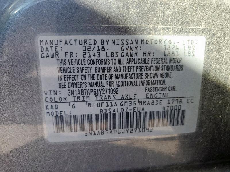 3N1AB7AP6JY271092 - 2018 NISSAN SENTRA S გრაფიტი ფოტო 12