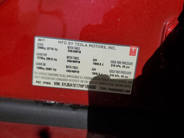 5YJSA1E17HF185660 - 2017 TESLA MODEL S Червоний фото 12
