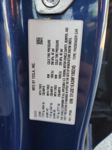 5YJ3E1EA3NF190245 - 2022 TESLA MODEL 3 BLUE photo 12