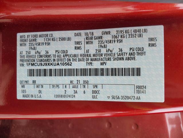 1FMCU9J9XKUA10562 - 2019 FORD ESCAPE TITANIUM 红色 照片 13