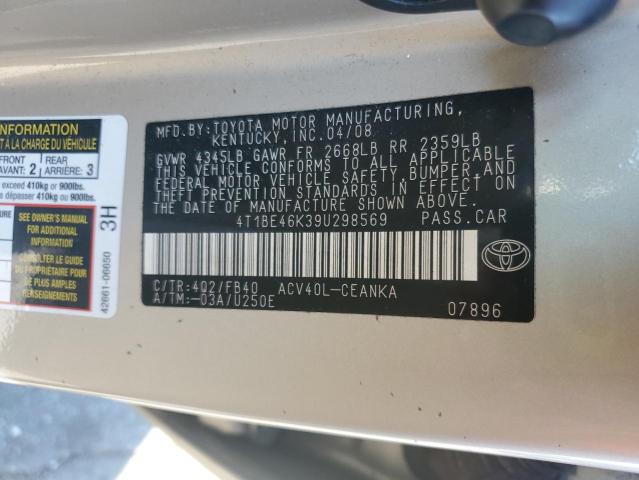 4T1BE46K39U298569 - 2009 TOYOTA CAMRY BASE GOLD photo 12
