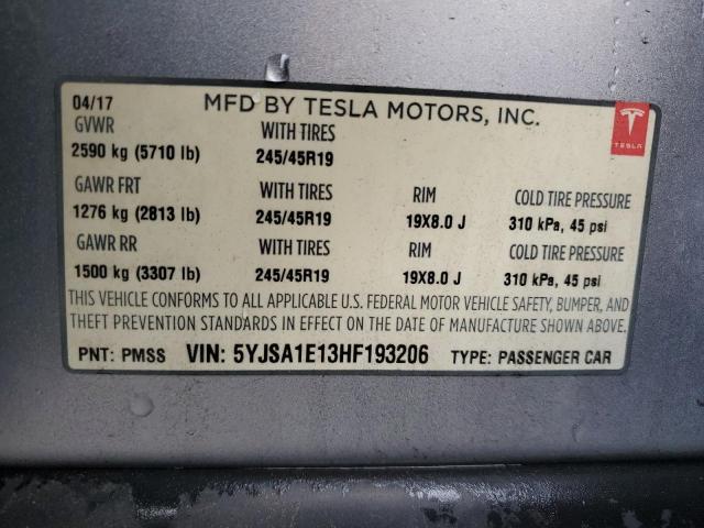 5YJSA1E13HF193206 - 2017 TESLA MODEL S SILVER photo 13