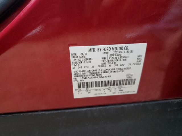 1FM5K8D86KGA95295 - 2019 FORD EXPLORER XLT Rouge photo 13