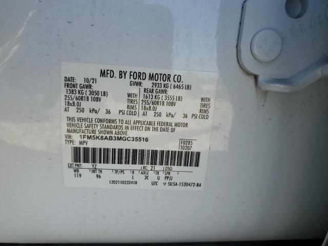 1FM5K8AB3MGC35516 - 2021 FORD EXPLORER POLICE INTERCEPTOR WHITE photo 12