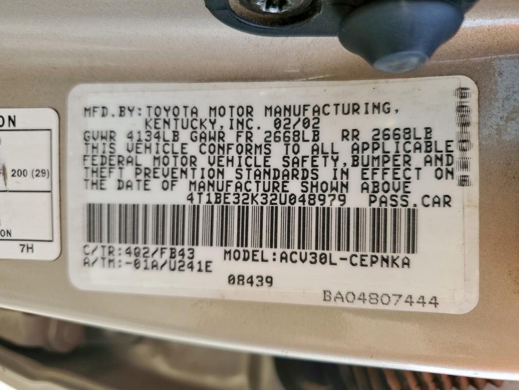 4T1BE32K32U048979 - 2002 TOYOTA CAMRY LE 金色 照片 12