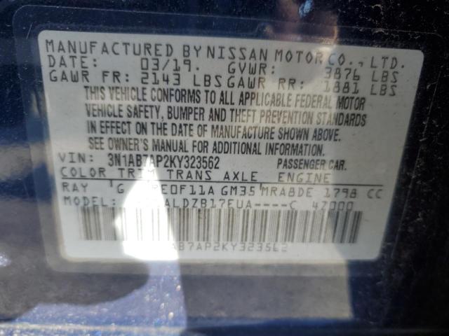 3N1AB7AP2KY323562 - 2019 NISSAN SENTRA S 蓝色 照片 12