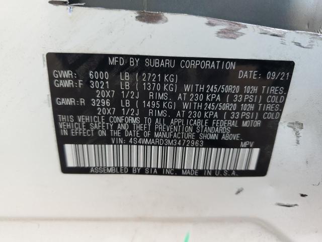 4S4WMARD3M3472963 - 2021 SUBARU ASCENT TOURING WHITE photo 12