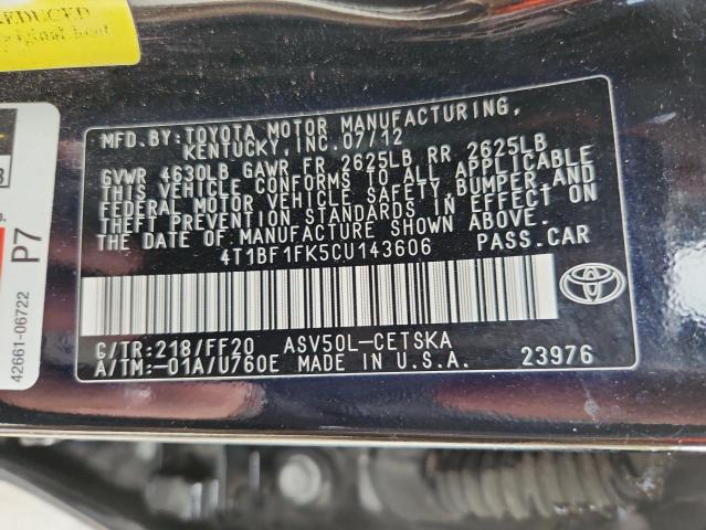 4T1BF1FK5CU143606 - 2012 TOYOTA CAMRY BASE BLACK photo 12