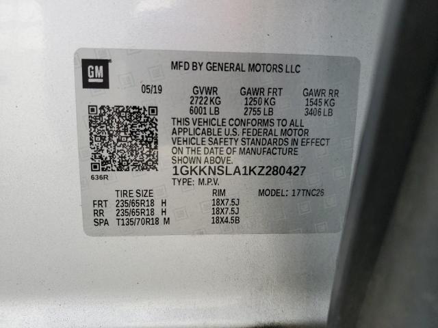 1GKKNSLA1KZ280427 - 2019 GMC ACADIA SLE SILVER photo 13