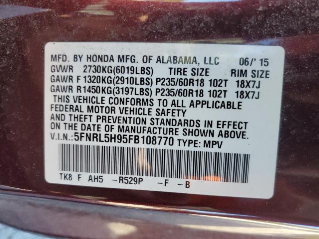 5FNRL5H95FB108770 - 2015 HONDA ODYSSEY TOURING BURGUNDY photo 13