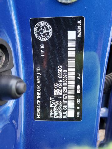 SHHFK7H29HU303910 - 2017 HONDA CIVIC LX BLUE photo 12