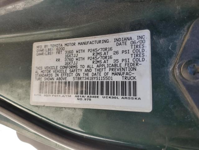 5TBRT3418YS115501 - 2000 TOYOTA TUNDRA ACCESS CAB მწვანე ფოტო 13