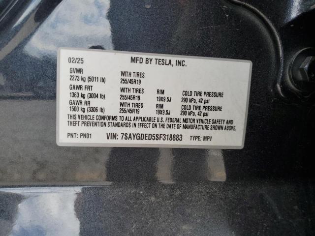 7SAYGDED5SF318883 - 2025 TESLA MODEL Y GRAY photo 12
