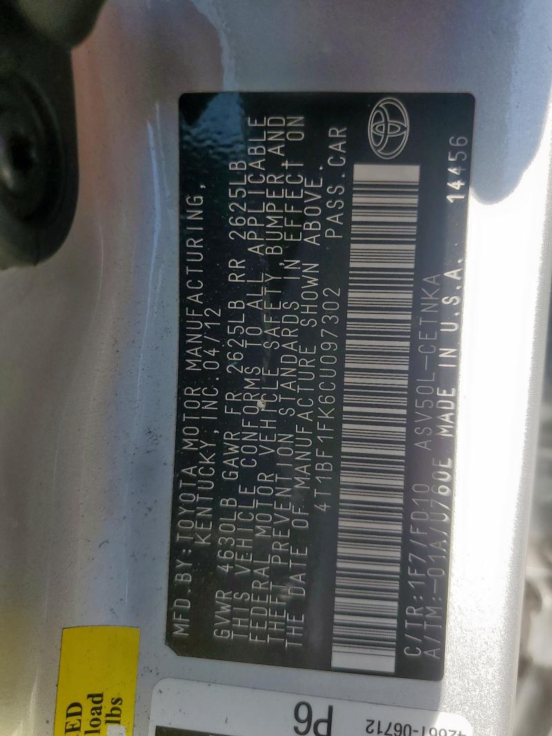 4T1BF1FK6CU097302 - 2012 TOYOTA CAMRY BASE SILVER photo 12