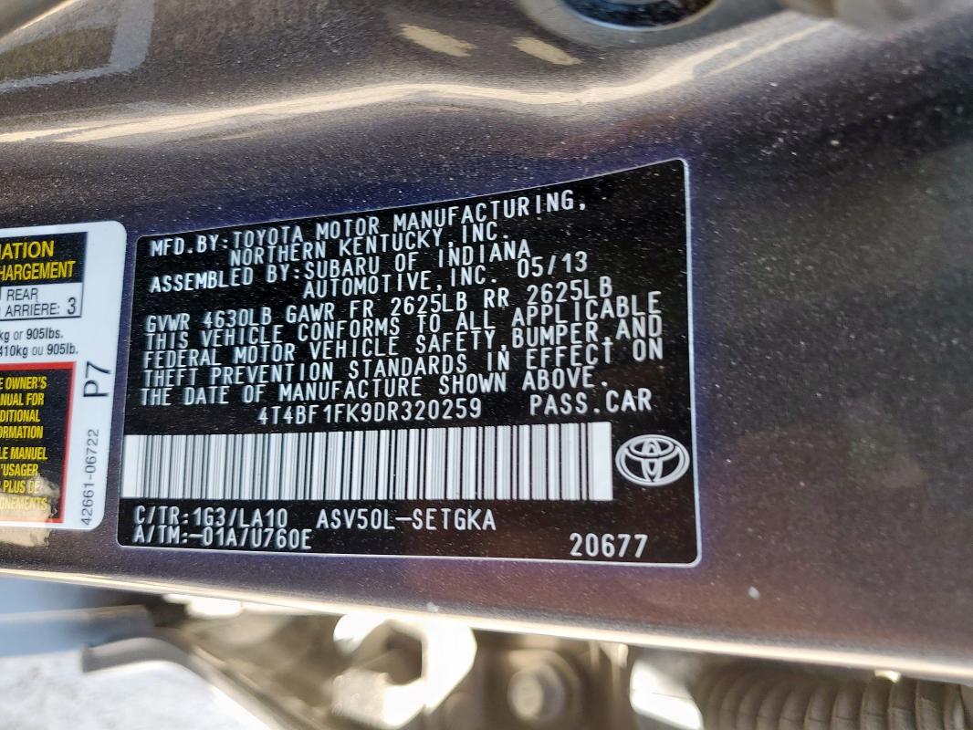 4T4BF1FK9DR320259 - 2013 TOYOTA CAMRY L GRAY photo 13