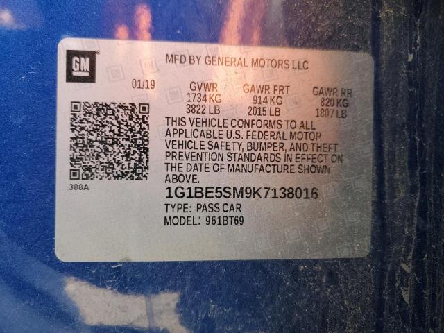 1G1BE5SM9K7138016 - 2019 CHEVROLET CRUZE LT BLUE photo 12