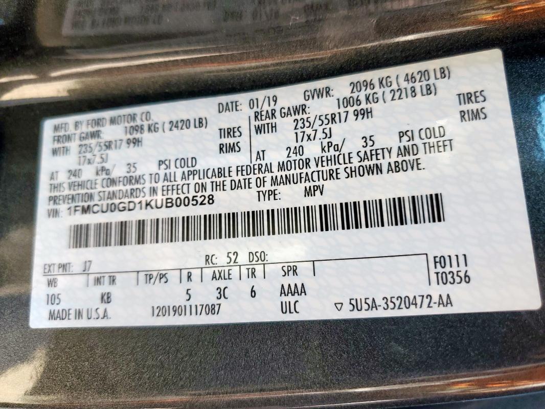 1FMCU0GD1KUB00528 - 2019 FORD ESCAPE SE BLACK photo 14