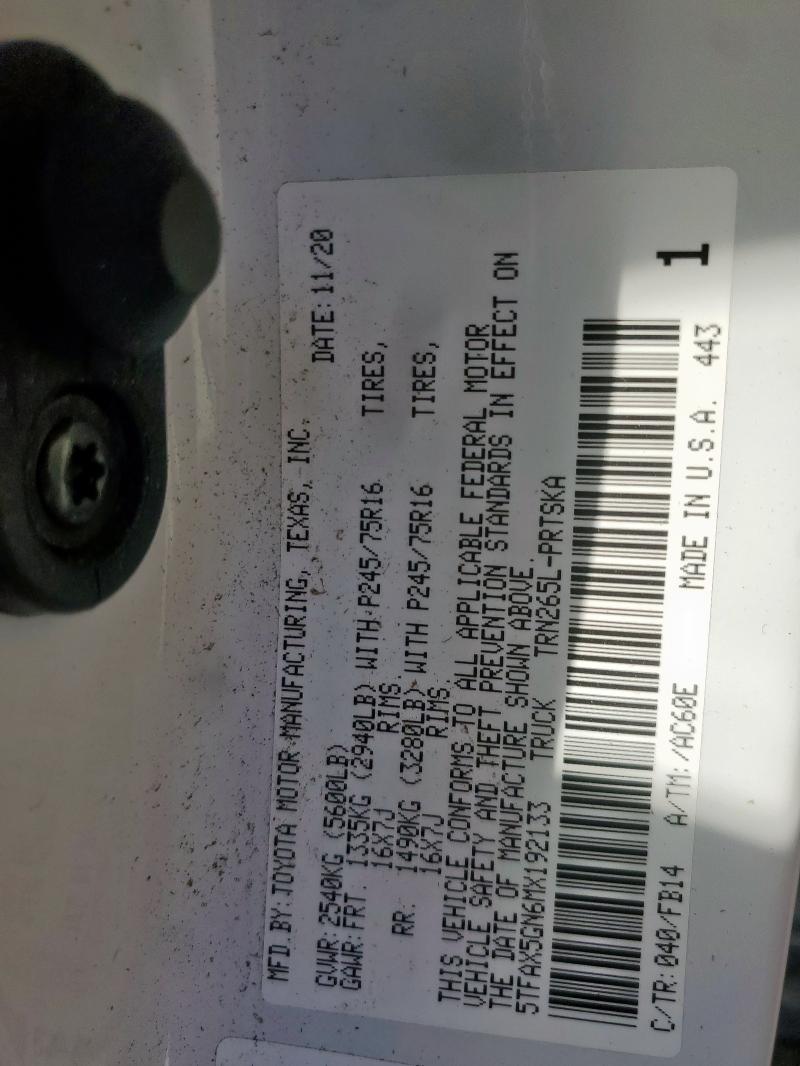 5TFAX5GN6MX192133 - 2021 TOYOTA TACOMA DOUBLE CAB WHITE photo 13