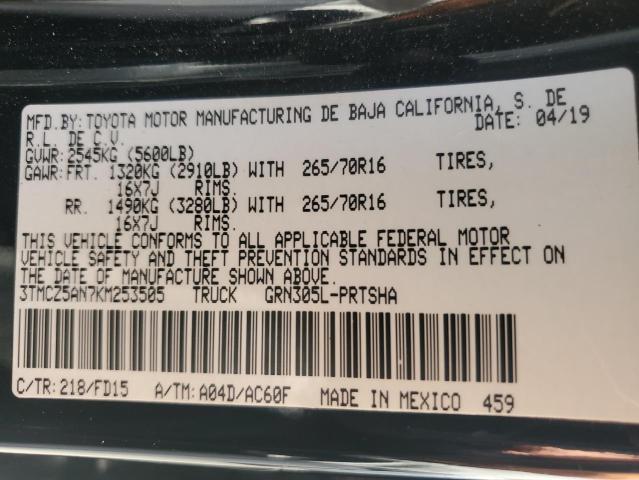 3TMCZ5AN7KM253505 - 2019 TOYOTA TACOMA DOUBLE CAB BLACK photo 12