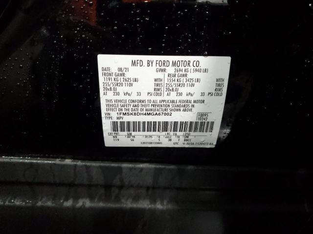 1FMSK8DH4MGA67002 - 2021 FORD EXPLORER XLT BLACK photo 14