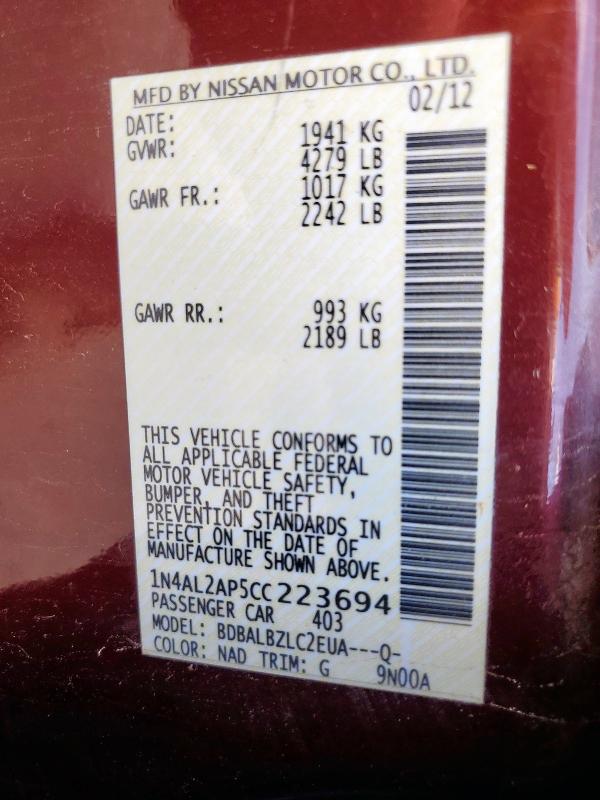 1N4AL2AP5CC223694 - 2012 NISSAN ALTIMA BASE كستنائي صورة 12