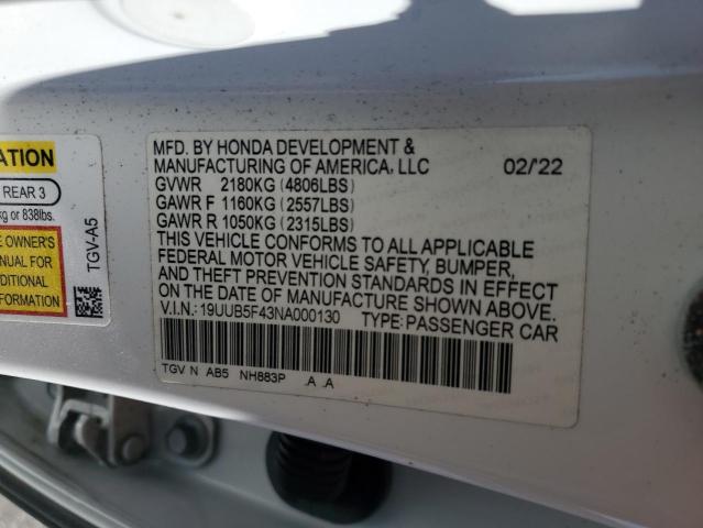 19UUB5F43NA000130 - 2022 ACURA TLX TECHNOLOGY WHITE photo 12