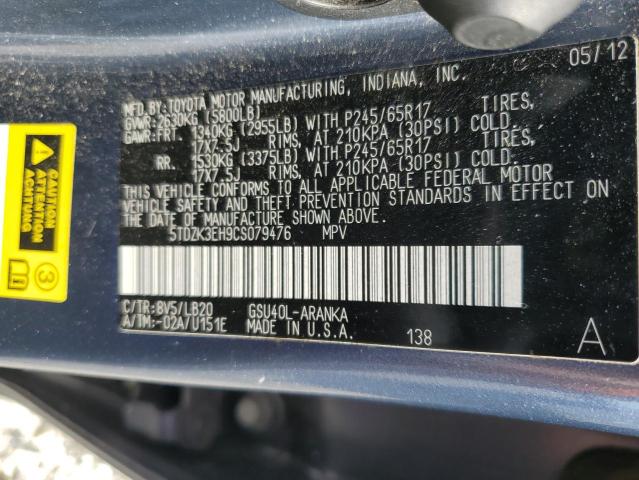 5TDZK3EH9CS079476 - 2012 TOYOTA HIGHLANDER BASE Mavi fotoğraf 13