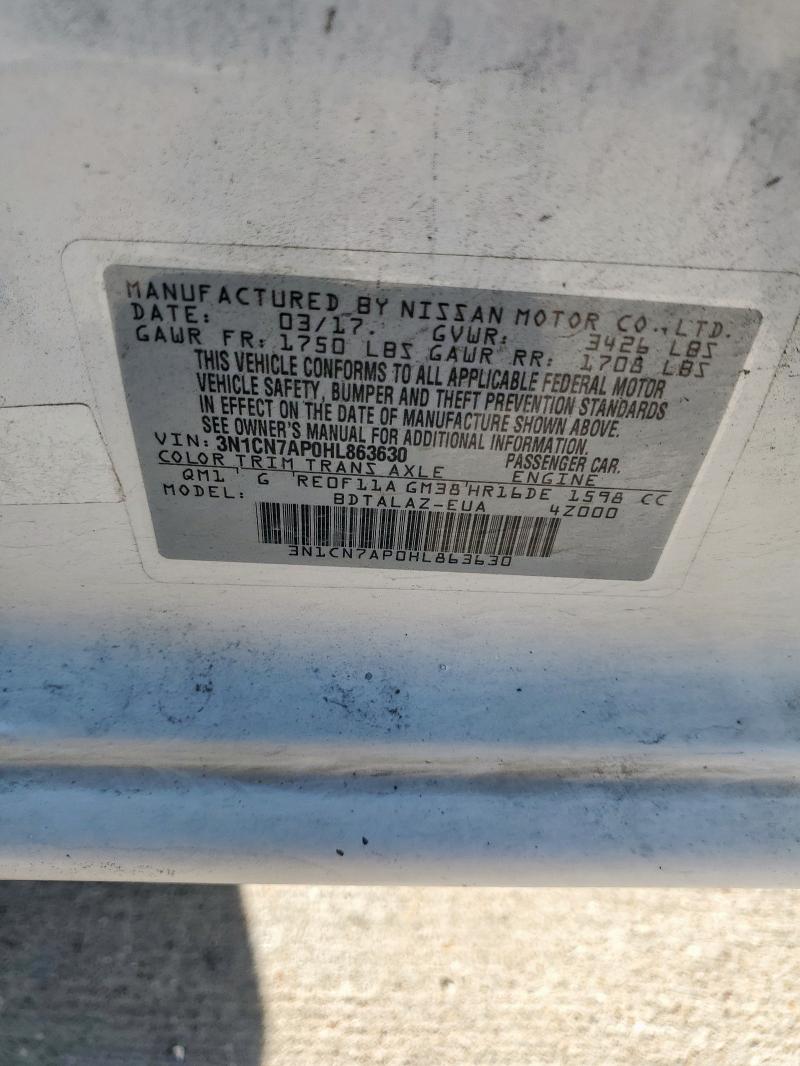 3N1CN7AP0HL863630 - 2017 NISSAN VERSA S WHITE photo 13