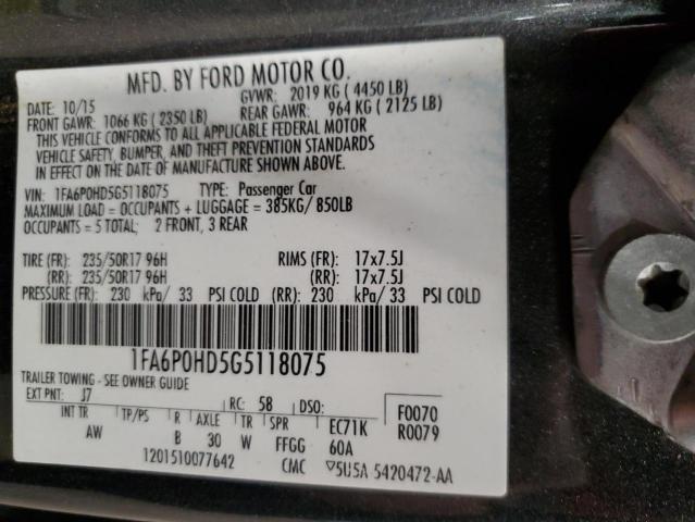 1FA6P0HD5G5118075 - 2016 FORD FUSION SE GRAY photo 12