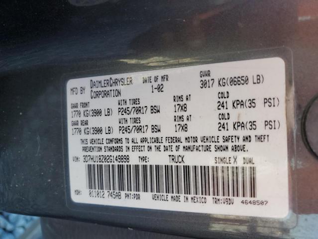 3D7HU18Z02G149898 - 2002 DODGE RAM 1500 GRAY photo 13