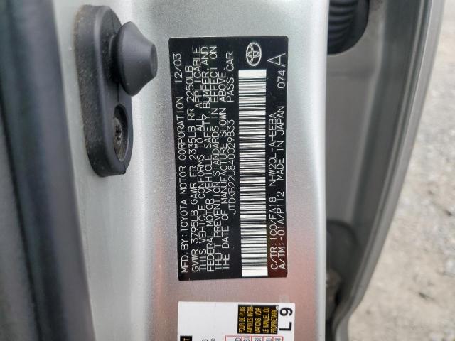 JTDKB22U840029833 - 2004 TOYOTA PRIUS GRAY photo 12