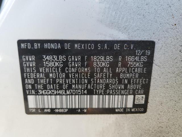 3HGGK5H46LM701514 - 2020 HONDA FIT LX WHITE photo 12